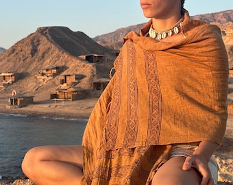 Brown Woven Cotton Scarf With Tribal Blockprint