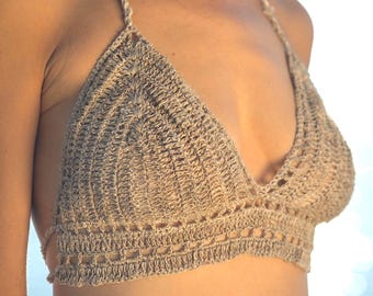 Bralette de cáñamo natural tejido a mano con crochet - Top de bikini de cáñamo