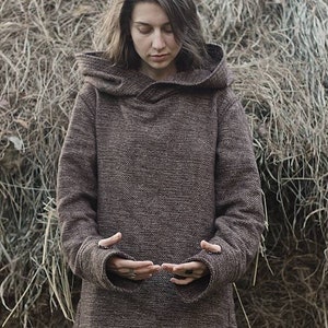 Nomad Women Pullover with Hoodie Handwoven Hemp Wool Brown