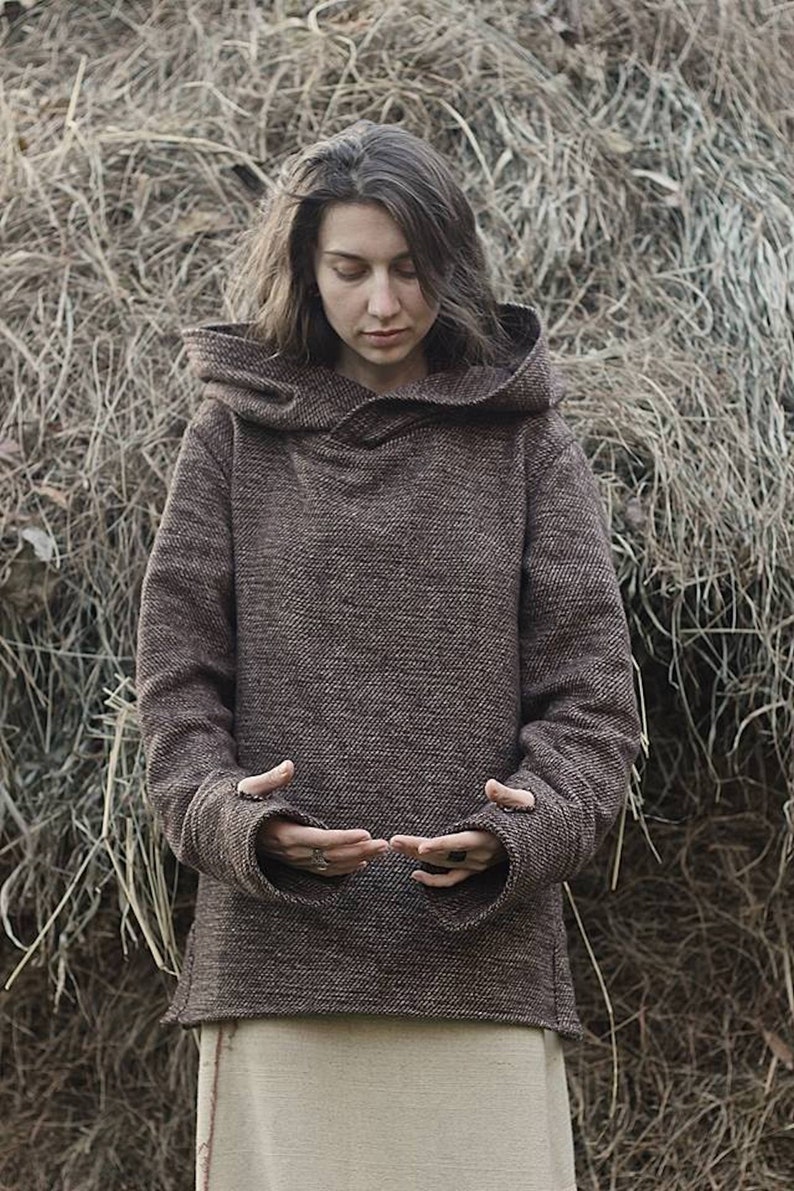 Nomad Women Pullover with Hoodie Handwoven Hemp Wool Brown