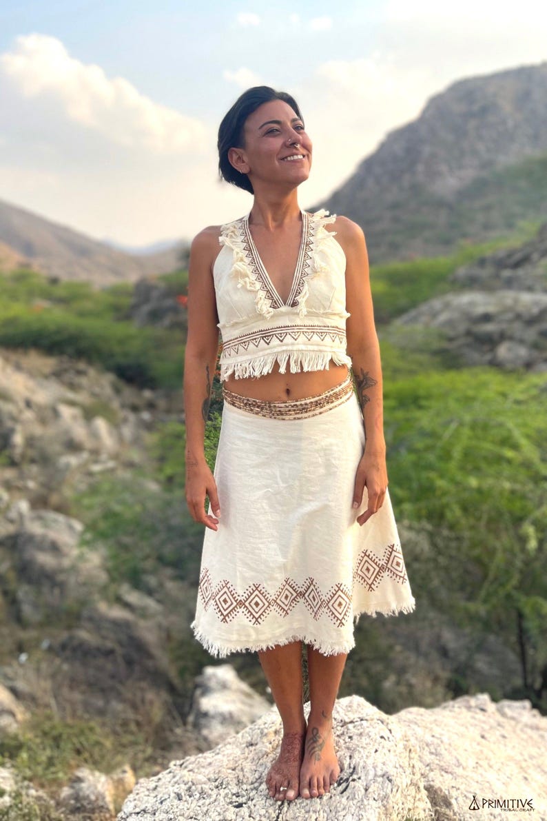Oria Short Wrap Skirt ⋗ Tribal Block Print ⋖ Handwoven Khadi Cotton image 3