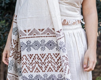 Handwoven Khadi Cotton Shawl / Textile / Table Cover / Bed cover ⋙ Tribal Block Print