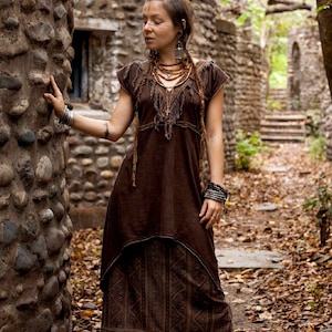 Long Tribal Hemp Tunic Top »» Asymmetrical Short Brown Hemp Dress