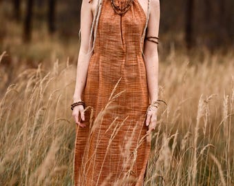 Khadi Cotton Sleeveless Dress | Long Boho Maxi with Raw Fringes & Tribal Earthy Style