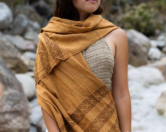 Block Printed Brown Cotton Scarf