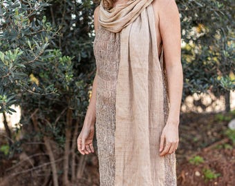 Handwoven Hemp Shawl Scarf ⫸ Long Wrap - Black Walnut Dye