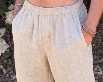 Pantalones cortos de lino con bordado tribal