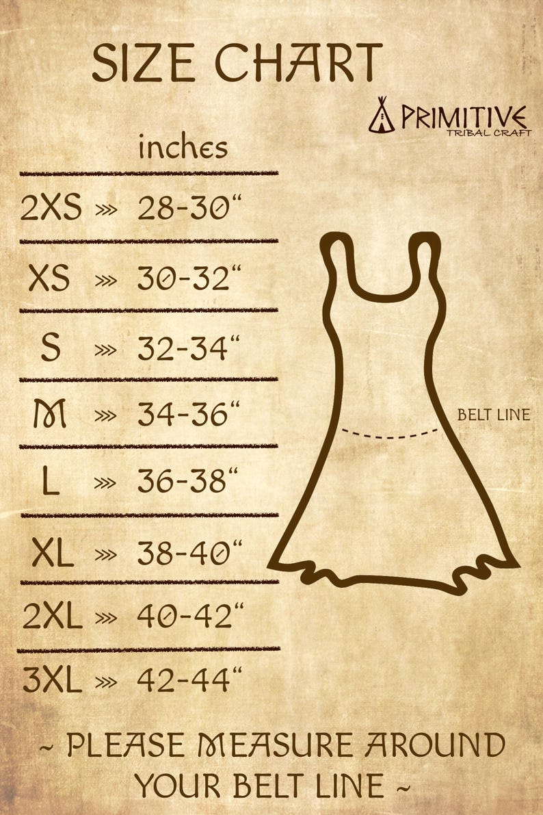 May include: Size chart for a dress with measurements in inches. The chart shows sizes from 2XS to 3XL with corresponding bust measurements. The chart also includes a line drawing of a dress with a dotted line indicating the belt line. The text "PLEASE MEASURE AROUND YOUR BELT LINE" is included.