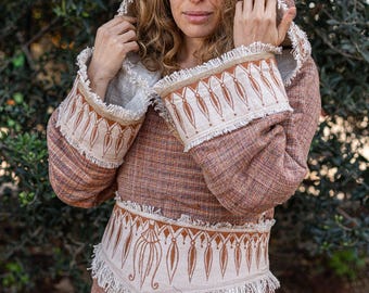 Anuttara Wrap Jacket ⋙ Khadi Cotton Wrap Jacket with Hand-Drawn Tribal Embroidery & Raw Fringe