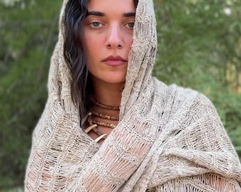 Wild Nettle Shawl – Organic Hand Knitted Large Wrap, Natural Color