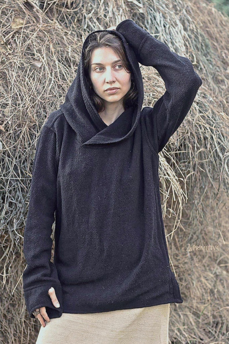 Nomad Women Pullover with Hoodie Handwoven Hemp Wool Black