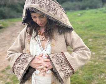 Long Wool Jacket with Hoodie and Ornament Embroidery ⫸ Xs size
