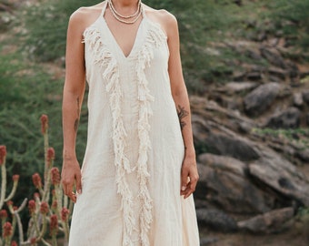 Earth Frayed Dress ~ Handwoven Raw Silk