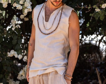 Camicia senza maniche sfilacciata color terra ⋙ Seta grezza tessuta a mano