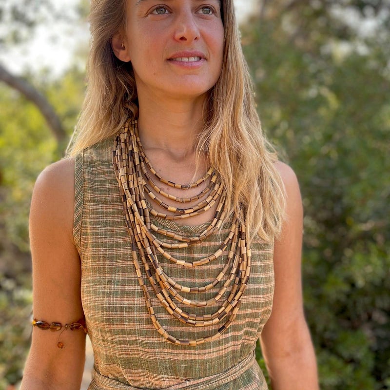 Beige - Handcrafted Bamboo Necklace Set by Daya Patki