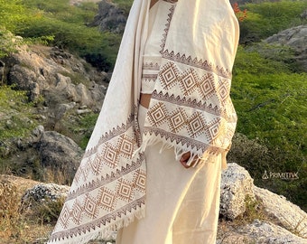 Handwoven Khadi Cotton Shawl with Tribal Block Print