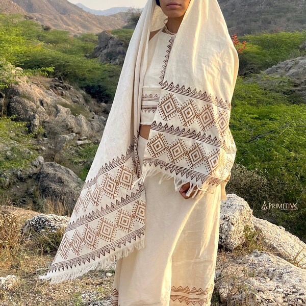 Handwoven Khadi Cotton Shawl with Tribal Block Print