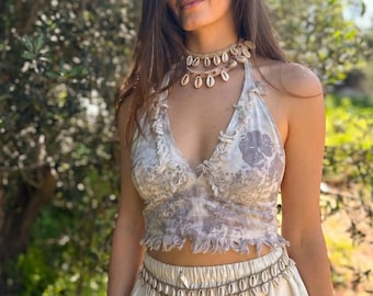 Top halter con estampado botánico ⋙ Algodón khadi tejido a mano