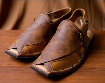 Handmade Leather Peshawari Chappal Sandals, Kaptaan Style