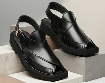 Handcrafted Black Leather Peshawari Chappal for Men – Premium Traditional Sandals – Elegant Formal & Casual Footwear – Luxury Pakistani Hand