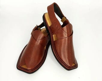 Handmade Leather Peshawari Chappal, Kaptaan Style Sandal