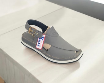 Gray Handmade Peshawari Chappal for Men | Genuine Leather Pakistani Sandals | Traditional Slip-On Shoes | Comfortable Casual & Wedding Footw