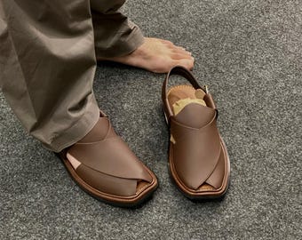 Gray Handmade Peshawari Chappal for Men | Genuine Leather Pakistani Sandals | Traditional Slip-On Shoes | Comfortable Casual & Wedding Footw