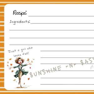 Cartes de recettes imprimables | Modèles saisonniers conçus à la main | Papeterie de cuisine impertinente, amusante et amusante | Téléchargement instantané - Fille qui aime l'automne