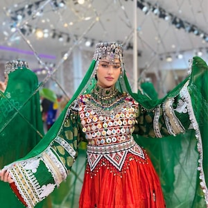 Embroidered Afghan Velvet Dress: 3-Piece Qamees, Shalwar & Dupatta