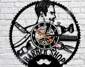 Laser Cut Barbershop Vinyl Record Wall Clock Barber Shop Decor Drawing File