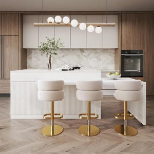 Îlot de cuisine extensible blanc avec plan de travail en pierre frittée de 2050 mm à 2680 mm et profondeur totale de 1200 mm