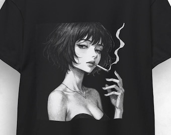 Japanese Girl Cigarette T Shirt, Japanese Art T-shirt, Japanese Streetwear, Manga Shirt, Anime Tshirt, Gift Idea, Otaku Tshirt, Retro Shirt