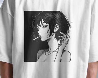 Japanese Girl Cigarette T Shirt, Retro Shirt, Anime Tshirt, Japanese Art T-shirt, Japanese Streetwear, Manga Shirt, Otaku Tshirt, Gift Idea