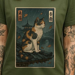 Japanische Regen Katze T-Shirt, Anime Japan Tshirt Streetwear, japanische Katze T-Shirt, Unisex Baumwoll Kätzchen T-Shirt, Katzenliebhaber Geschenk, japanische Katze