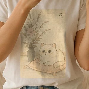 Japanese Cat T-Shirt: Anime Streetwear Tee, Floral Zen Design