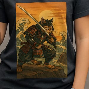 Samurai Cat T-Shirt: Japanese Anime Kitten Tee, Cat Lover Gift