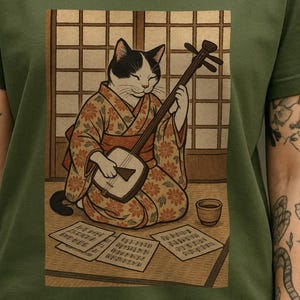 Musician Cat T-Shirt: Japanese Kimono Kitten Playing Shamisen
