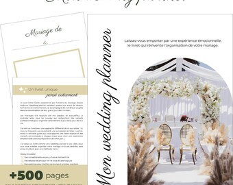 Könnte beinhalten: Ein Hochzeitsplaner mit dem Text "Mon wedding planner" in eleganter Schrift. Der Planer hat ein Cover mit den Worten "Mariage de &" und einen Abschnitt mit dem Text "+500 pages". Der Hintergrund zeigt eine Hochzeitszeremonie.