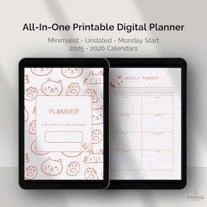 Orange Cute Cats Digital Planner Set | A4 Printable PDF | Undated All-in-One Minimalist Organizer | Kawaii Cat Planner | Instant Download