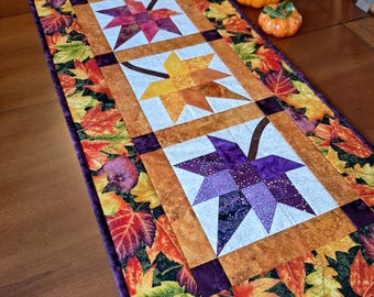 Handmade Quilted Leaf Runner with multi colored batik backing