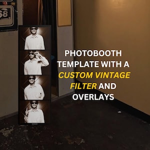 Puede incluir: Plantilla de fotomatón de estilo vintage con un filtro y superposiciones personalizados. La plantilla presenta cuatro imágenes en blanco y negro de una persona con gafas de sol y una camisa blanca. El texto dice "Photobooth Template with a Custom Vintage Filter and Overlays."