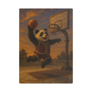 Arte mural de panda con mates: divertido póster de baloncesto con animales | Impresión de fantasía de Sunset Street Court | Decoración divertida para niños o aficionados al deporte