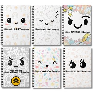 Das tägliche Positivitäts-Notizbuch, heute ist eine Art inspirierendes Emoji-Journal, leeres Spiralnotizbuch, Schulsachen
