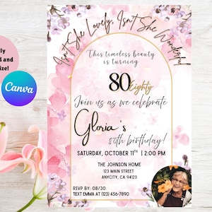 Modèle d'invitation de carte d'anniversaire n'est-elle pas merveilleuse, rose, violet, or, floral, aquarelle, joli, grand-mère, 60,70,80 ans, personnalisable, âge