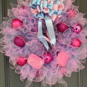 Cotton Candy Charm Dream: Festive Pink & Blue Mesh Wreath with Bow