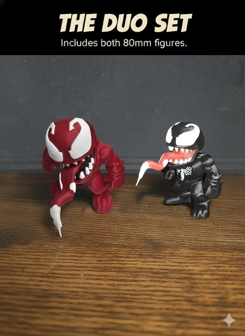 Figuras impresas en 3D de Venom y Carnage - Figura de acción de simbionte de 80 mm - Colección de villanos de Spider-Man - Decoración de escritorio para fans de Marvel Set