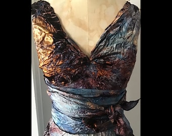 Black gold blue satin henry boho mother of the bride tie dye wearable art hand made hand dyed dress one of a kind