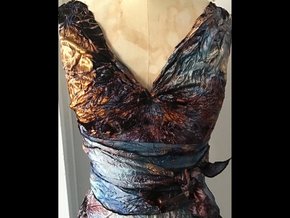 Handmade Tie Dye Satin Dress: Black Gold Blue Wearable Art