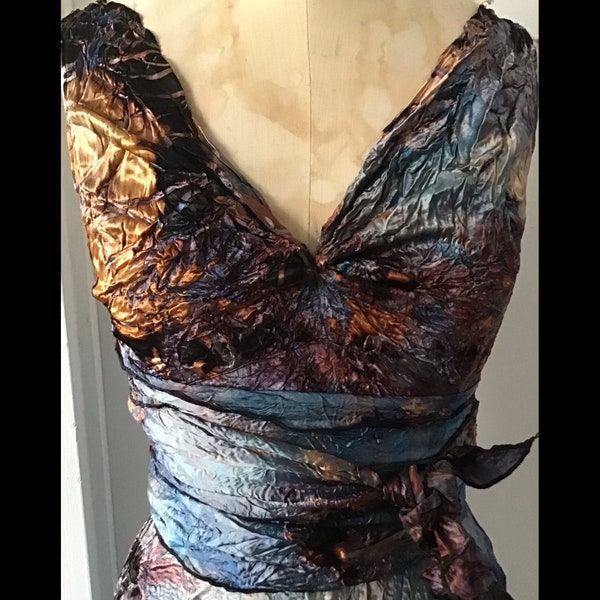 Black gold blue satin henry boho mother of the bride tie dye wearable art hand made hand dyed dress one of a kind