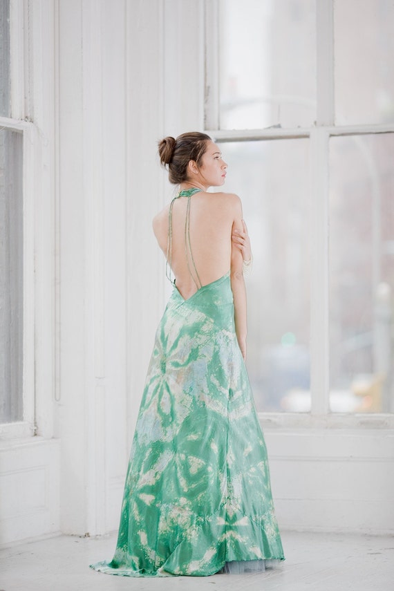 green silk backless dress